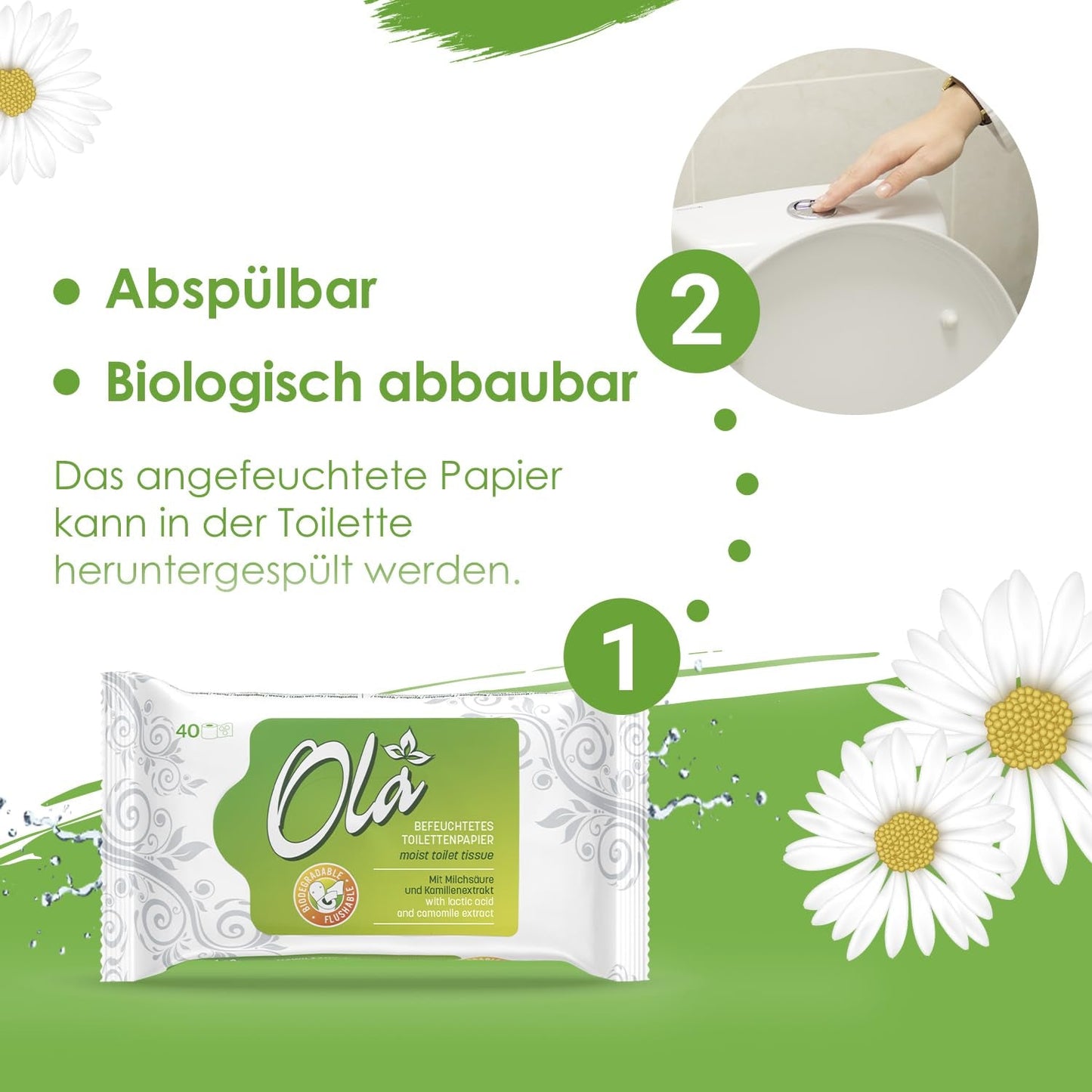 OLA Nasses Toilettenpapier – (1X40 Stück) Feuchttücher – Kamillenextrakt und Milchsäure, waschbar, empfindliche Haut – 40 Stück