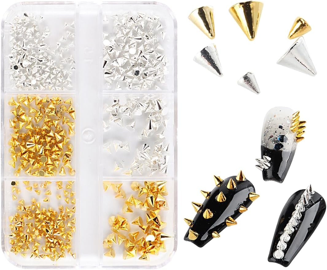 Mini Metall Nieten Punk Nail Charms Gold Silber Strasssteine ​​​​Nägel Charm Kegel Spikes Nagelschmuck Glitzersteine ​​​​Nail Art Studs Nagel Steine ​​​​Legierung Nagelanhänger Rhinestones Nageldesign Zubehör