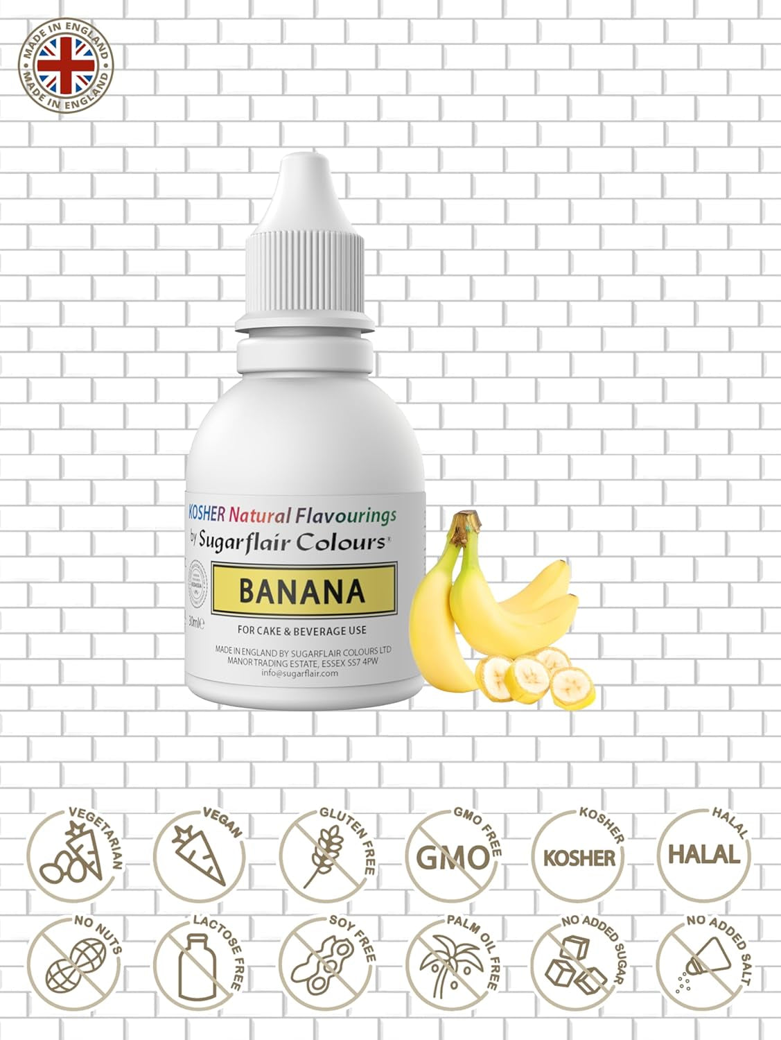 Sugarflair Kosher Banana Natural Food Flavour Intensive Geschmackstropfen für Kuchen, Muffins, Zuckerguss, Getränke, Eiscreme – 100 % natürliches Aroma – 30 ml