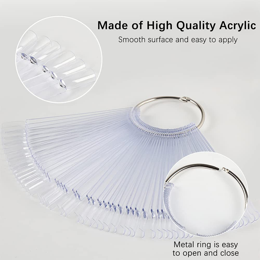 300 transparente Nagelstifte, fächerförmige Nageldesigns, Farbdisplay-Spitzen mit 6 Metallringen, künstliche Nagelplatte für Nagelstudio und Gellack-Übungen für Anfänger