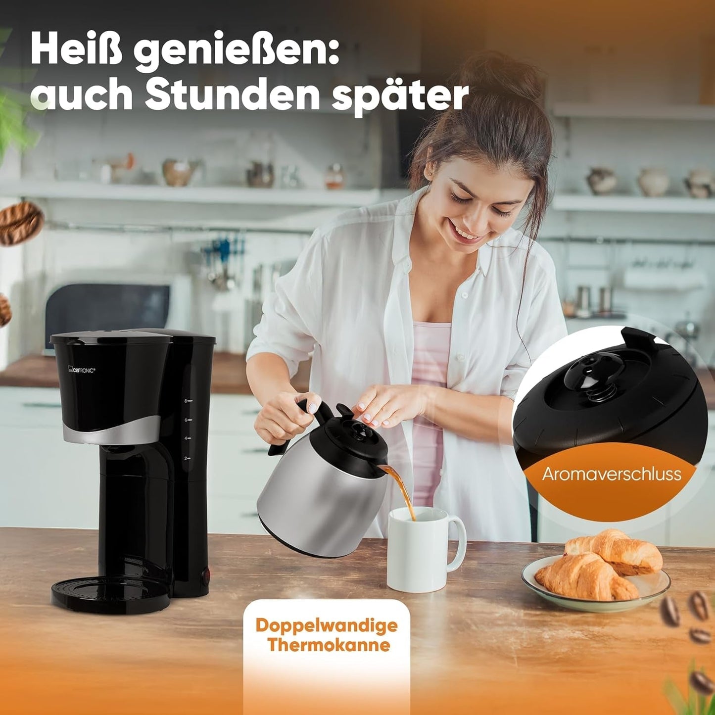 Clatronic® Kaffeemaschine mit Thermoskanne | für 8-10 Tassen Kaffee | ohne Temperaturverlust | Kaffeemaschine mit Filter | 1 Liter | Espresso | Filterkaffeemaschine mit Thermoskanne | KA 3327 schwarz
