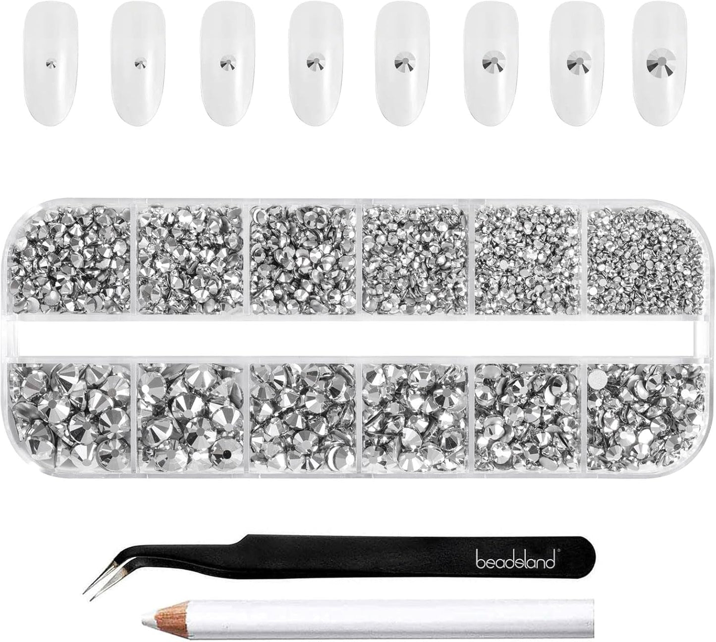 Beadsland 2500 Stück Glas Nailart Strasssteine ​​​​Kristall Flatback Edelsteine ​​​​Runde, ​​Für Handwerk Gemischt 8 Größen SS4 ~ SS30 Mit Picking Pinzette Und Stift (Kristall Weiß)