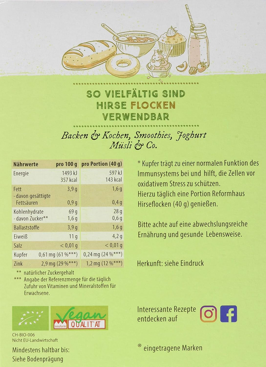 Hirse-Flocken Bio, 6er Pack (6 x 400 g) Getreide Naty Shop