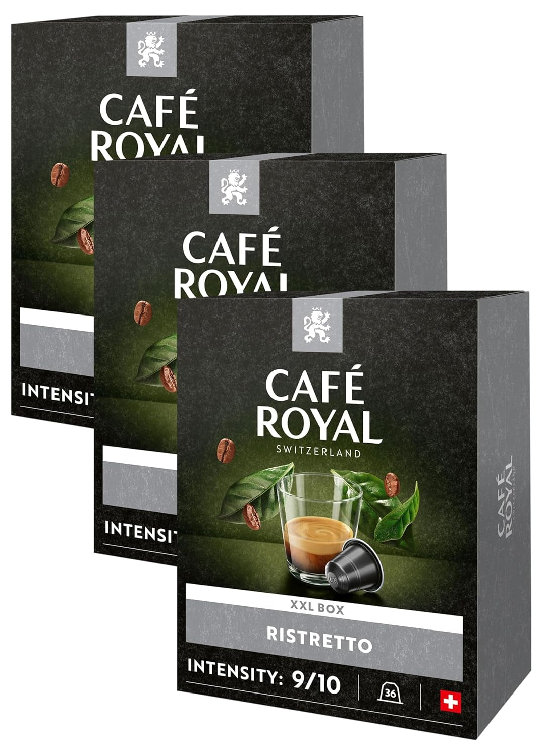 Café Royal Ristretto 36 Kapseln für Nespresso Kaffeemaschine – 9/10 Intensität – UTZ-zertifiziert Kaffeekapseln aus Aluminium (Packung mit 3)