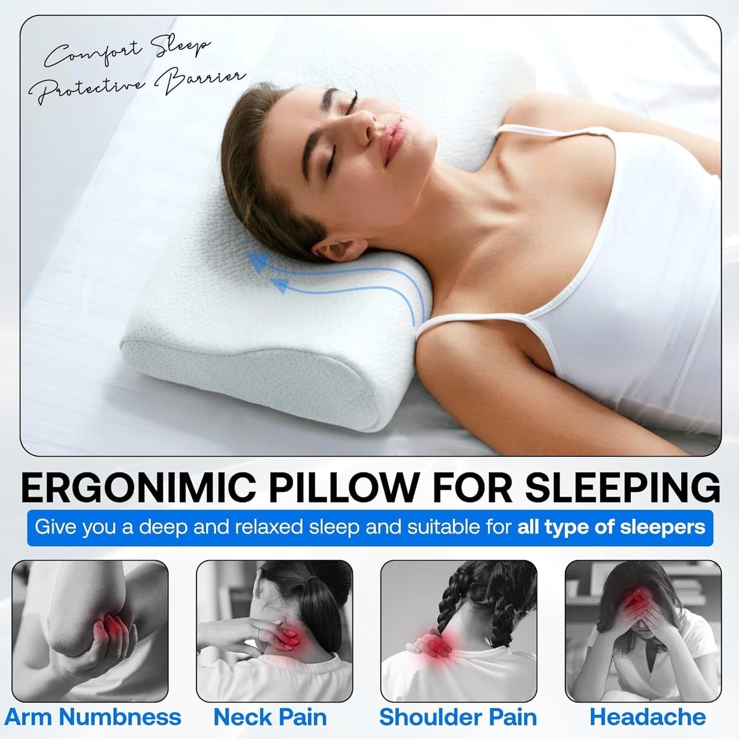Orthopädisches Memory-Schaum-Nackenstützkissen – ergonomisches Kissen, Anti-Schnarch-Kissen für Seiten-, Bauch- und Rückenschläfer, Pilow, 60 cm x 40 cm x 12 cm. Orthopädische Nackenkissen Naty Shop