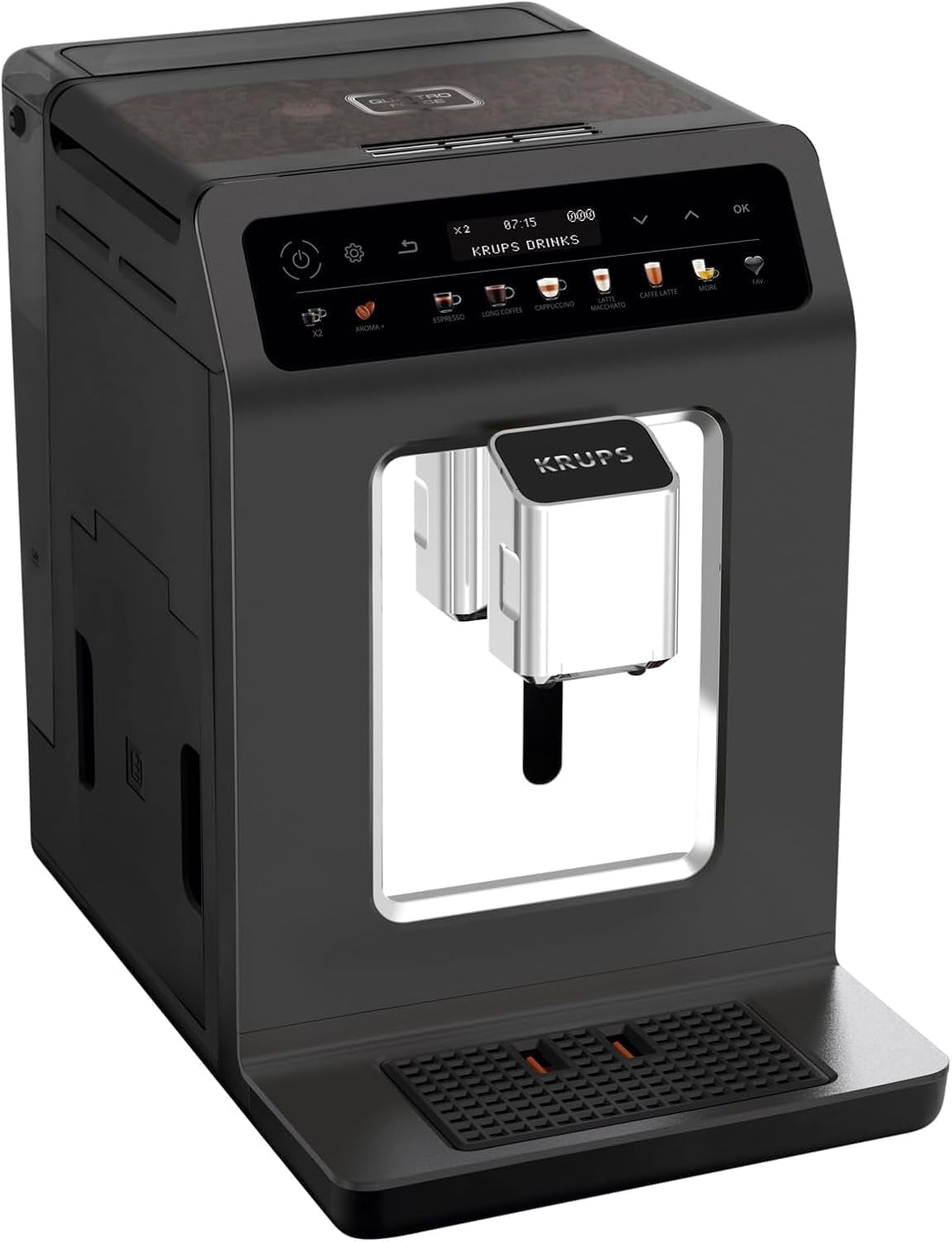KRUPS Evidence One automatische Espressomaschine mit Milchschlauch, One-Touch-Cappuccino, 12 Spezialgetränke, 2-Tassen-Funktion, Farbdisplay, Espressomaschine, TÜV-Zertifikat, Schwarz, EA895N10