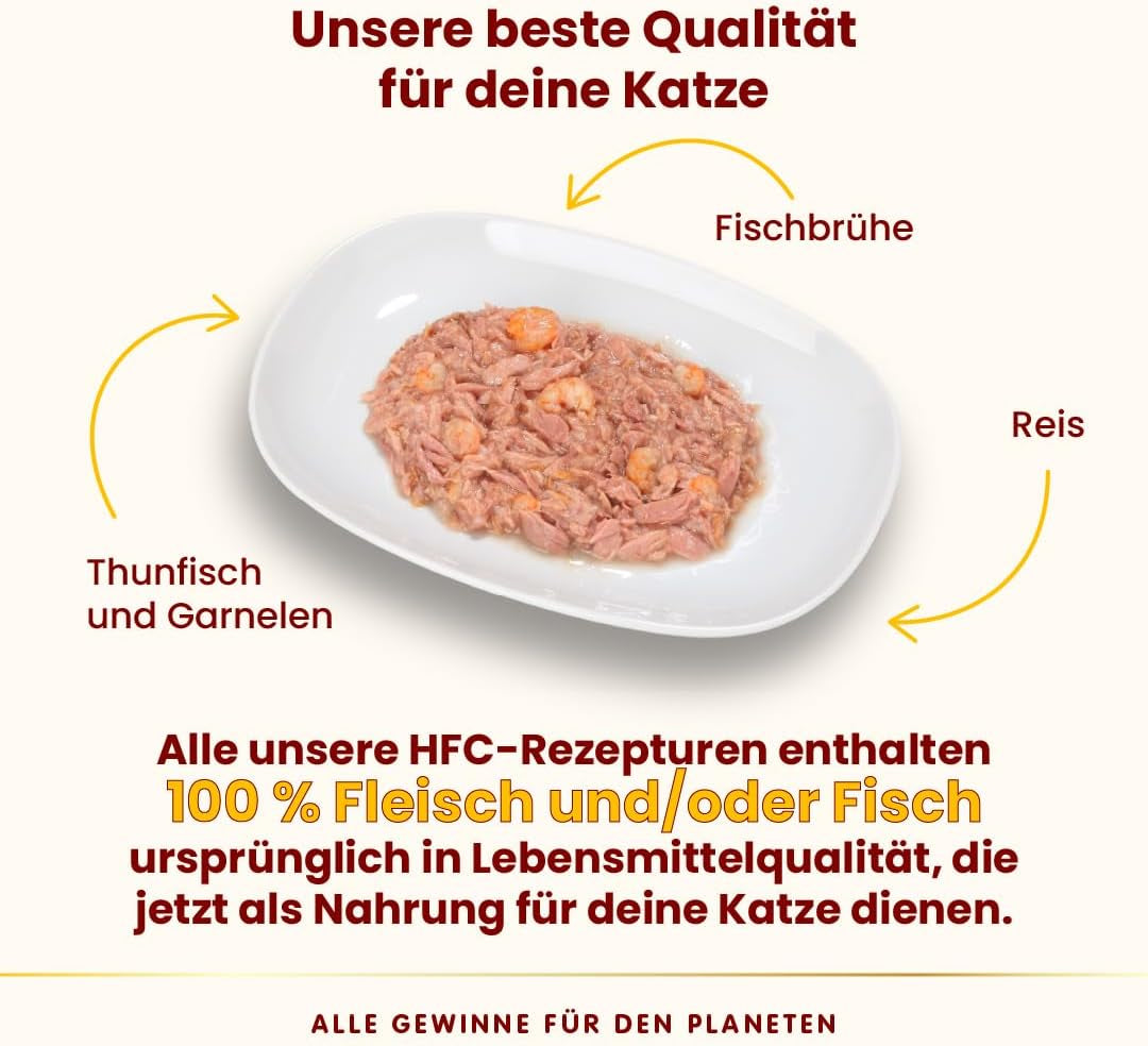 Almo Nature HFC natürliches Nassfutter für Katzen – Thunfisch und Garnelen, 24er-Pack (24 x 70 g)