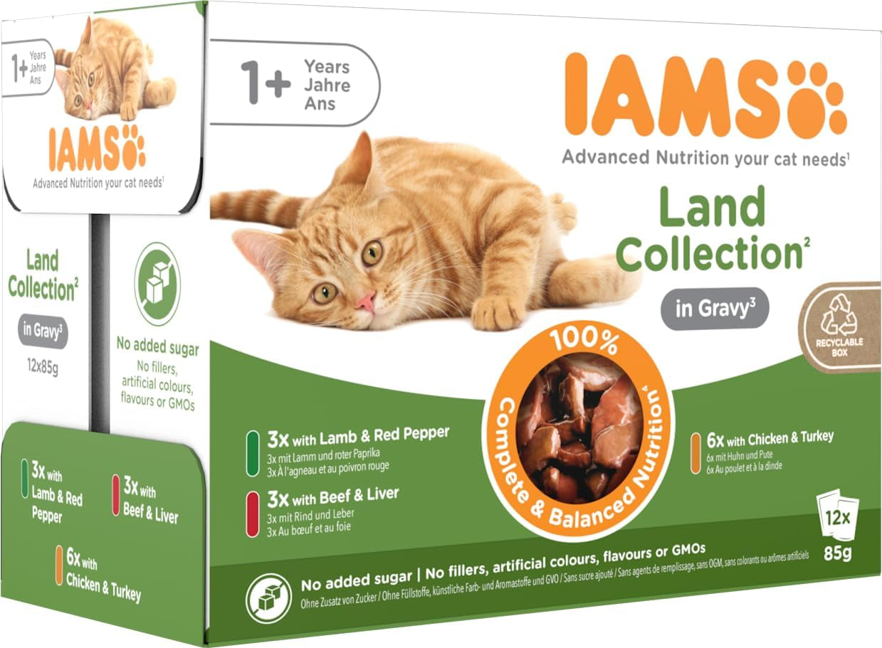 IAMS Delights Land Collection Nassfutter für Katzen – Multipack mit Fleischsorten (Lamm, Rind, Huhn und Pute) in Soße, Nassfutter für Katzen ab 1 Jahr, 12 x 85g
