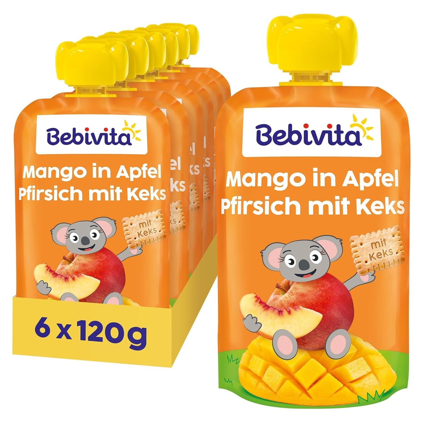 Mango in Apfel-Pfirsich-Sauce mit einer Tüte Keksen (6 x 120 g), ohne Zuckerzusatz, aus milden Früchten und wertvollem Getreide, ideal für den Snack zwischendurch und für unterwegs.