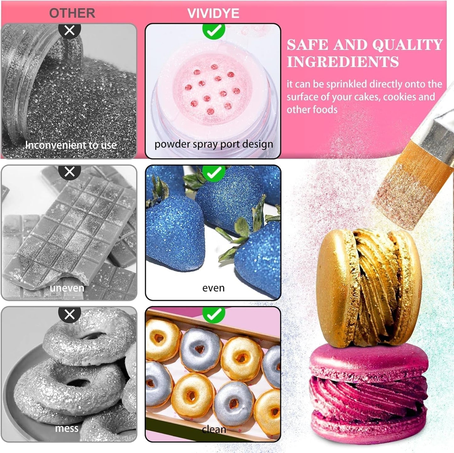 Essbarer Glitzer-Glitter – 4 Farben essbares Glitzerpulver, Glitzerpulver für Getränke, Lebensmittel, Kuchen – essbares metallisches Lebensmittelfarbpulver zum Backen, Cocktails – 5 g/Flasche