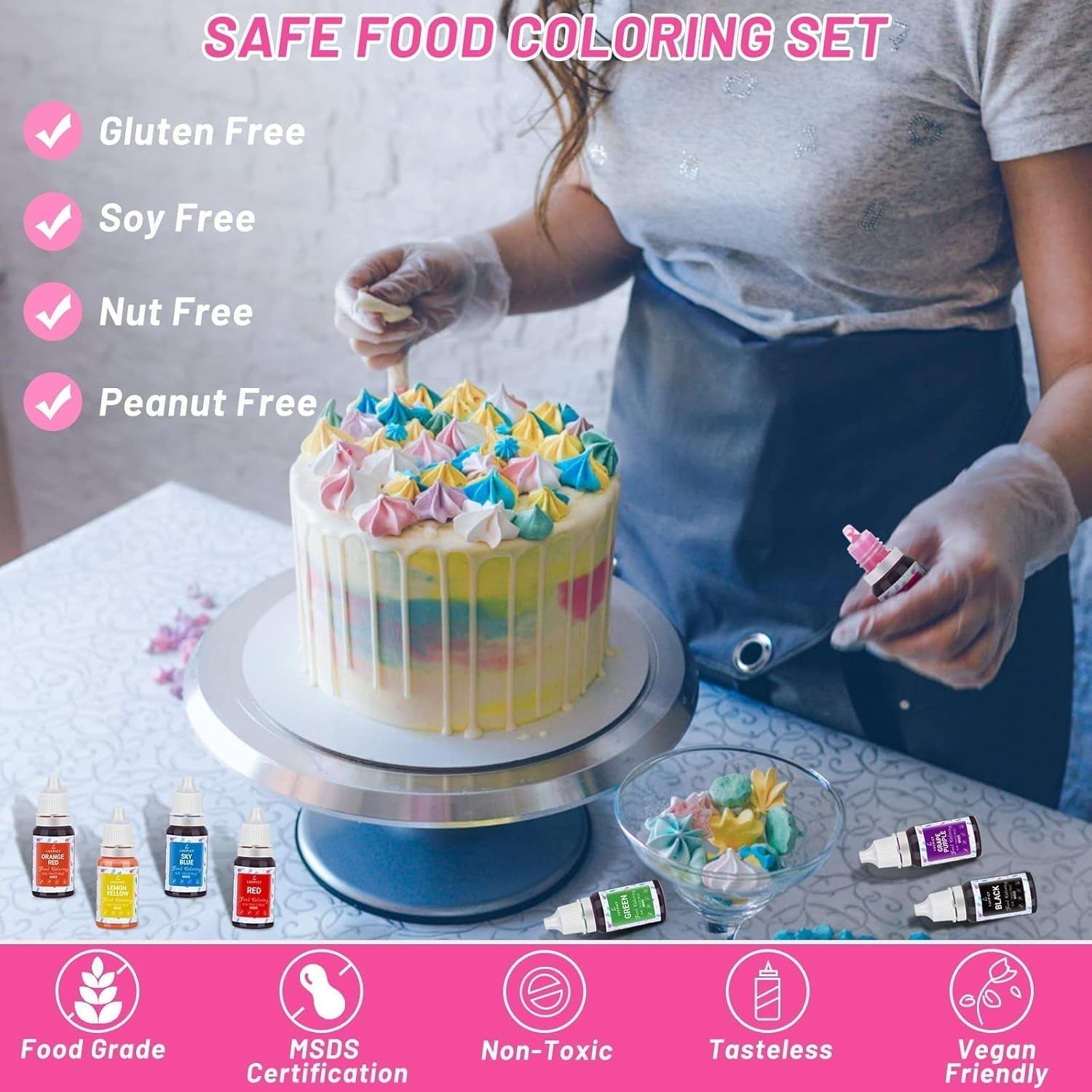 Lebensmittelfarbe 8 x 10 ml – hochkonzentriertes flüssiges Lebensmittelfarben-Set zum Backen, Kuchen, Kekse, Zuckerguss, Macarons, Fondant – lebendige Lebensmittelfarbe für selbstgemachte Seifen, Schleim, Bastelarbeiten