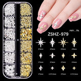 Nail Charms,6 Boxen Gold Silber Nagel Charms 3D Gold Bogen Stern Nail Art Dekoration+6200 Strasssteine ​​​​Bunt Steine ​​​​AB Perlen Diamanten,3D Legierung Bow Nail Gems Nagel Deko Für Frauen Nagel (6-A)