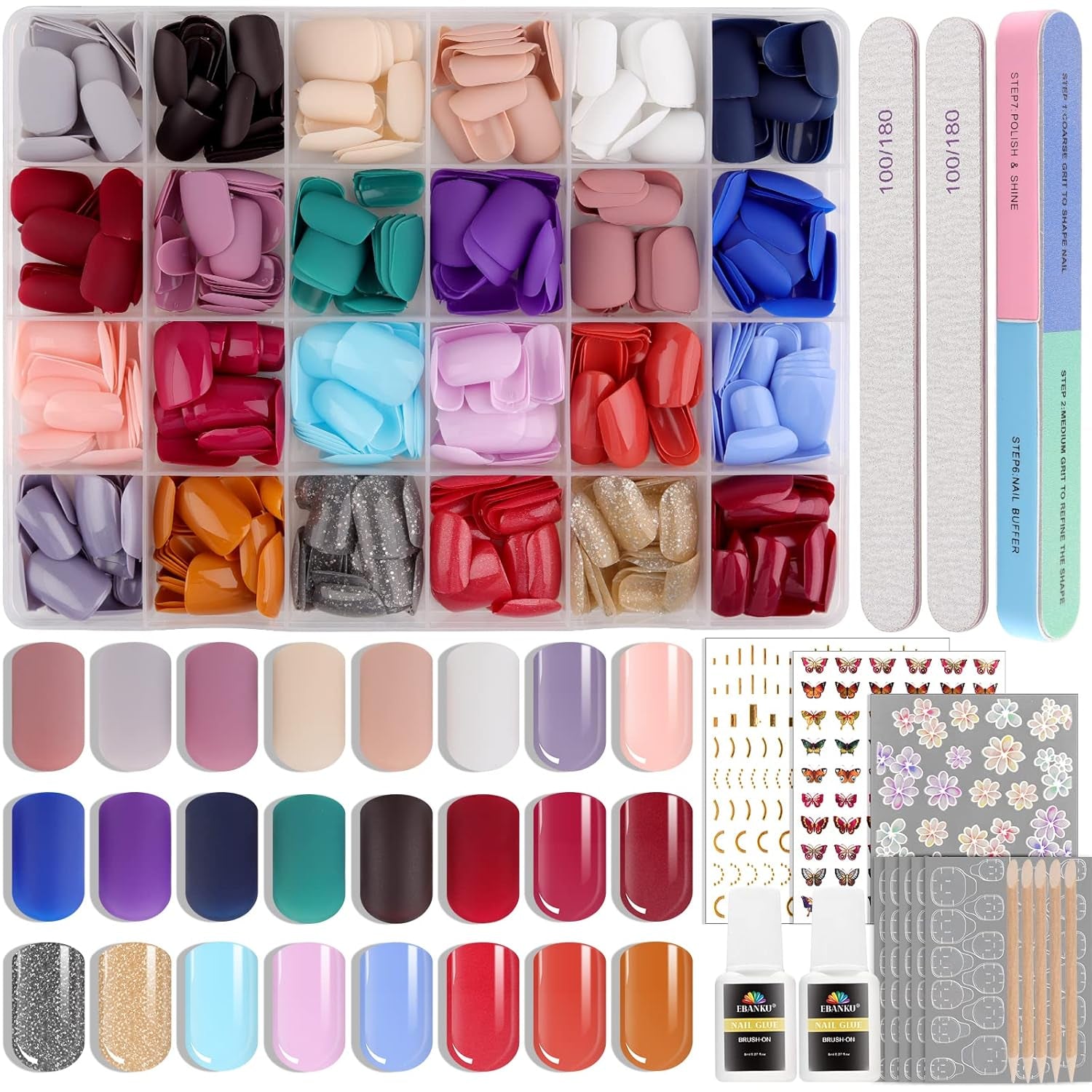 EBANKU 576 Stück kurze Press-on-Nägel mit Nagelkleber, 12 Farben kurze matte Kunstnägel, 8 kurze glänzende Kunstnägel, 4 glitzernde Kunstnägel