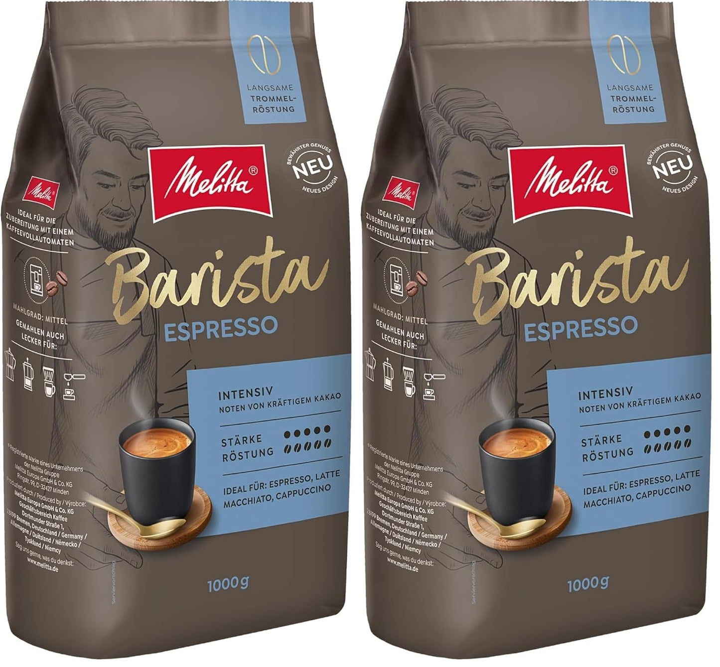 Melitta Barista Classic Espresso, ganze Kaffeebohnen 1 kg, gemahlen, Kaffeebohnen für automatische Espressomaschinen, starke Röstung, Intensität 5 (2er-Pack)