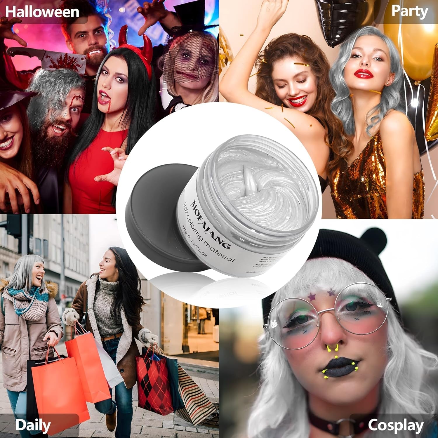 Temporäre Haarfarbe, Styling-Haarton für Männer und Frauen, natürliche Haarpomade, Haarfärbewachs für Party, Cosplay und Halloween, 4,23 oz (Silbergrau) Naty Shop Haarfärbemittel