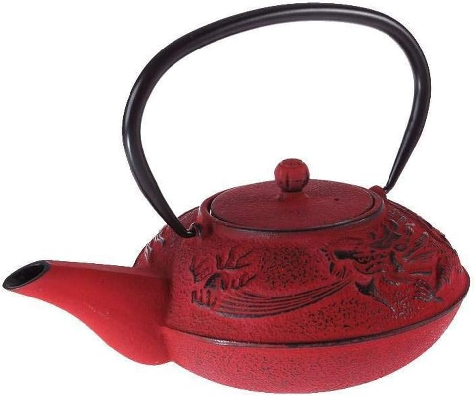 – Chinesisches Drachen-Teeservice – 1 Teekanne, 4 Tassen aus Gusseisen und Teesieb – Fassungsvermögen 0,8 l – japanisches asiatisches Dekor – Geschenkidee für japanisches Geschirr – Farbe Rot