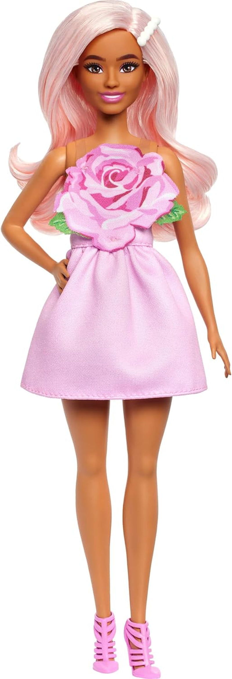 Barbie Fashionistas Puppe Nr. 238 mit pastellrosa Haaren, trägerlosem Kleid mit rosa Oberteil, Perlenhaarspange und Riemchen-High-Heels, HYT94 Naty Shop Dolls