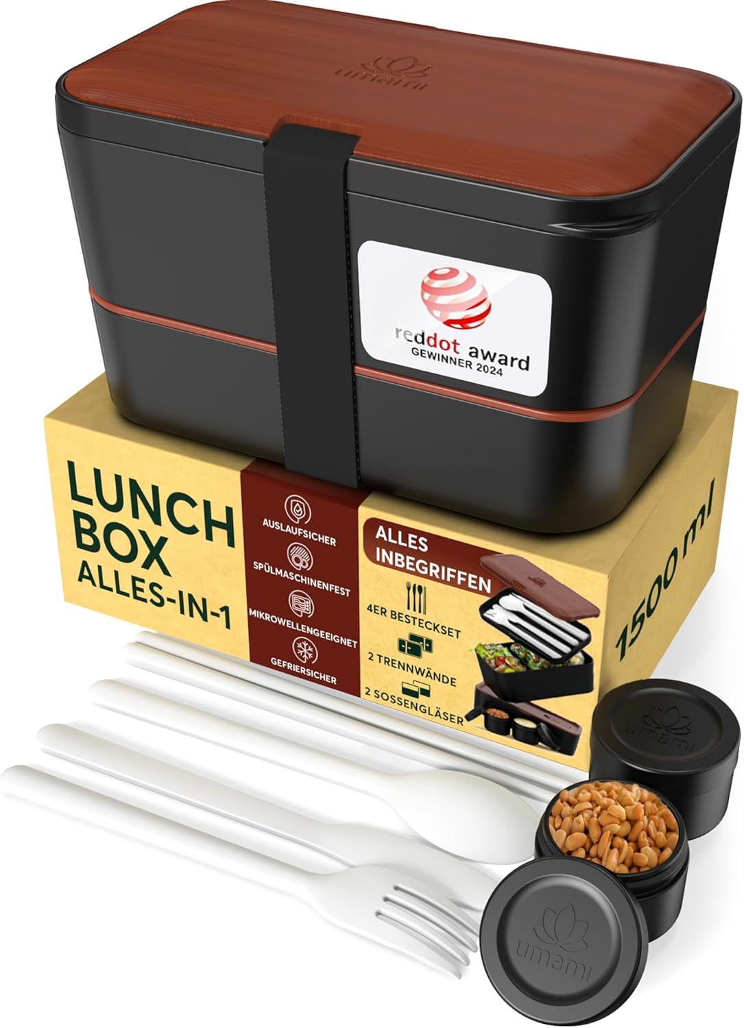 Umami Lunchbox für Erwachsene, stapelbare Bento-Box mit 4 Besteck und Fächern, Lunchbox für Erwachsene, To-go-Salatbehälter, Picknick-/Büro-Lunchbox, Anthrazit, 1500 ml Frischhalteboxen Naty Shop Sapele Black L – 1500 ml ineinander stapelbar