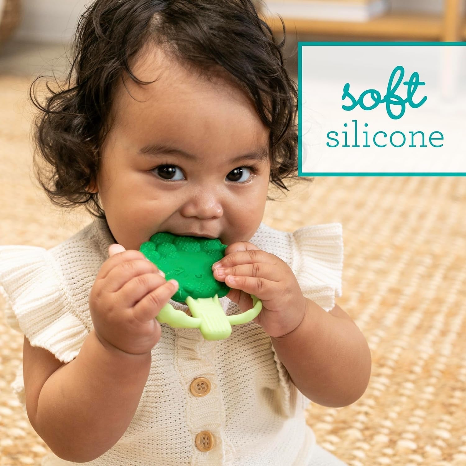 Infantino Lil' Nibbles, Beißring aus strukturiertem Silikon, BPA-freies Baby-Beißspielzeug, weich, leicht zu halten, sensorische Stimulation für Kleinkinder, Brokkoli
