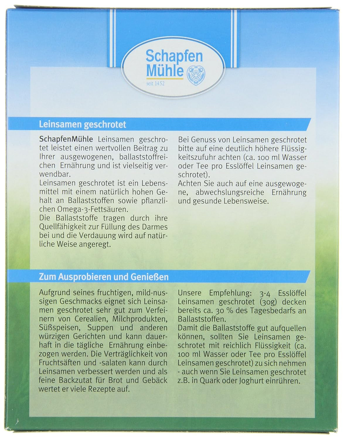 Schapfenmühle Leinsamen gemahlen, 200 g Packung