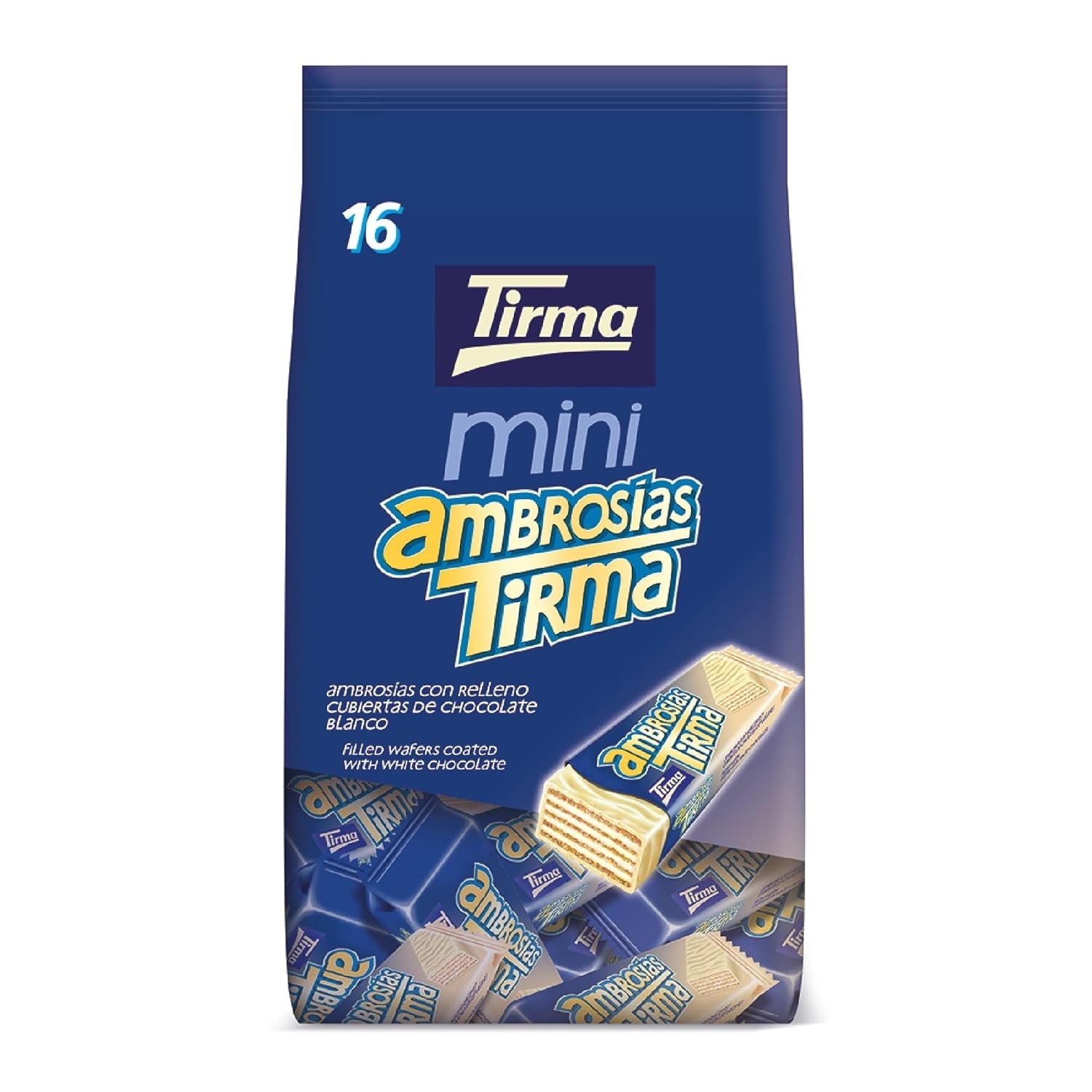 Tirma Mini-Waffeln aus weißer Schokolade | (16 Einheiten x 13,5 g), 216 g | Zarte Cremefüllung | GVO-frei | Geeignet für Vegetarier | Einzeln verpackt | Verpackter Snack