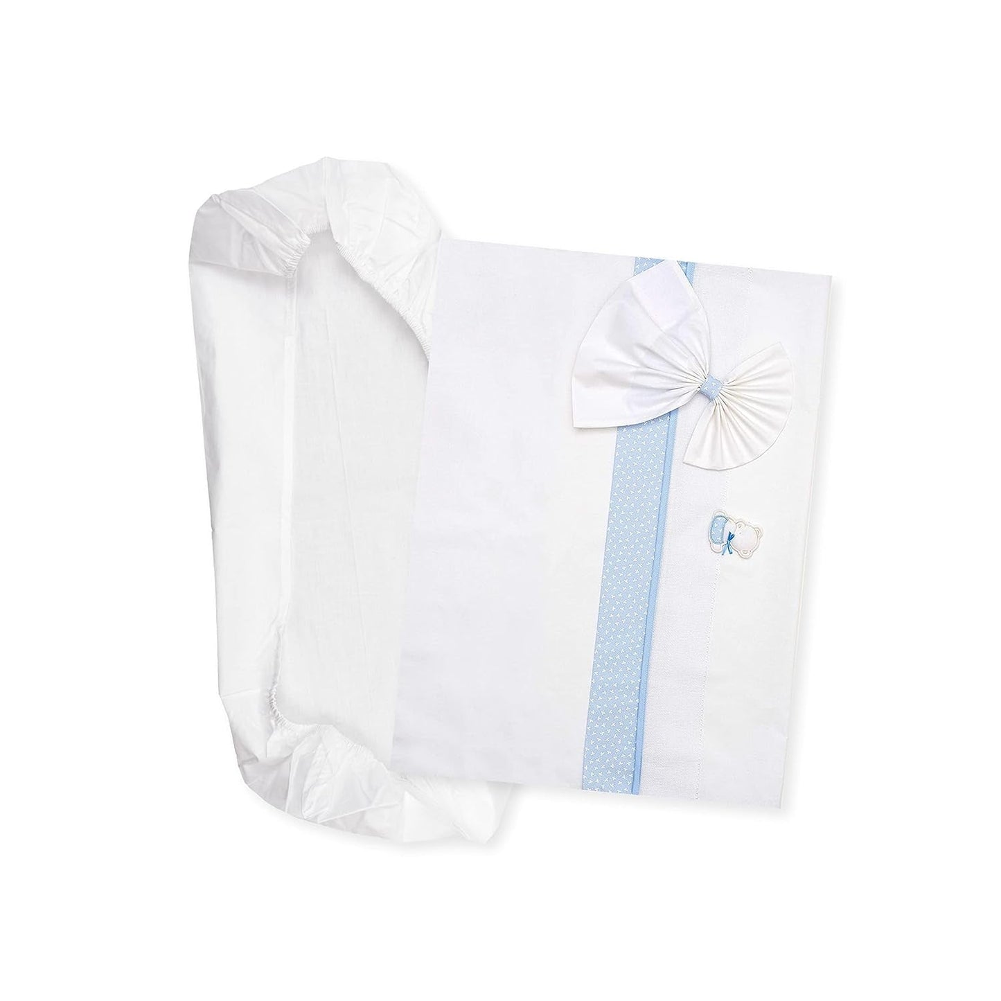 Weißes und rosafarbenes Babybett-Bettwäscheset, 1 Spannbettlaken, 1 Oberlaken mit Aida-Bandstickerei und 1 Kissenbezug, 100 % Baumwolle, hergestellt in Italien. Naty Shop Bettdecken und Steppdecken Hellblau
