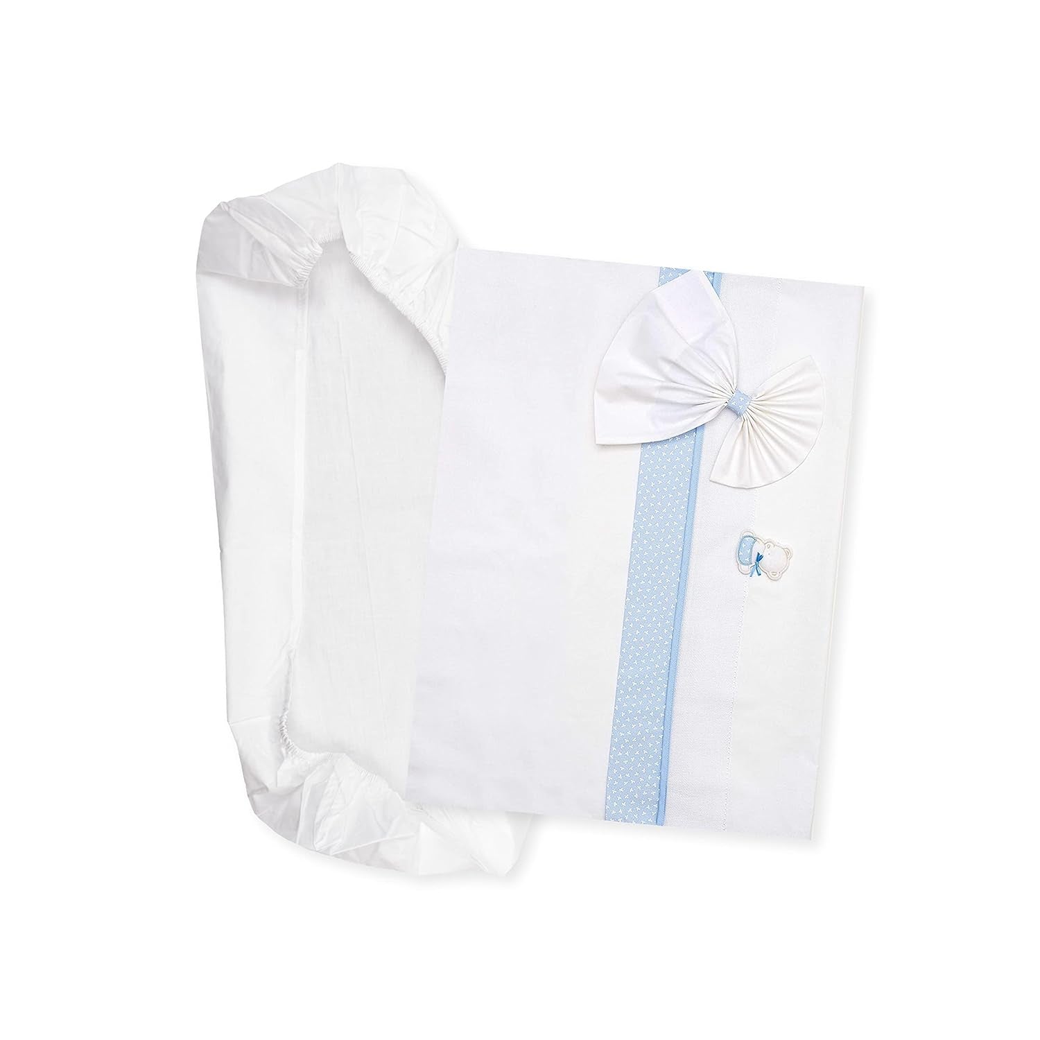 Weißes und rosafarbenes Babybett-Bettwäscheset, 1 Spannbettlaken, 1 Oberlaken mit Aida-Bandstickerei und 1 Kissenbezug, 100 % Baumwolle, hergestellt in Italien. Naty Shop Bettdecken und Steppdecken Hellblau
