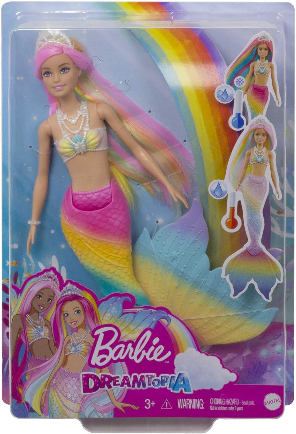 Barbie Dreamtopia Rainbow Magic Mermaid, Meerjungfrau-Barbie mit Regenbogenhaaren, farbwechselnde Puppe, wasseraktiviert, Spielzeug für Kinder ab 3 Jahren, Geschenk für Mädchen, GTF89