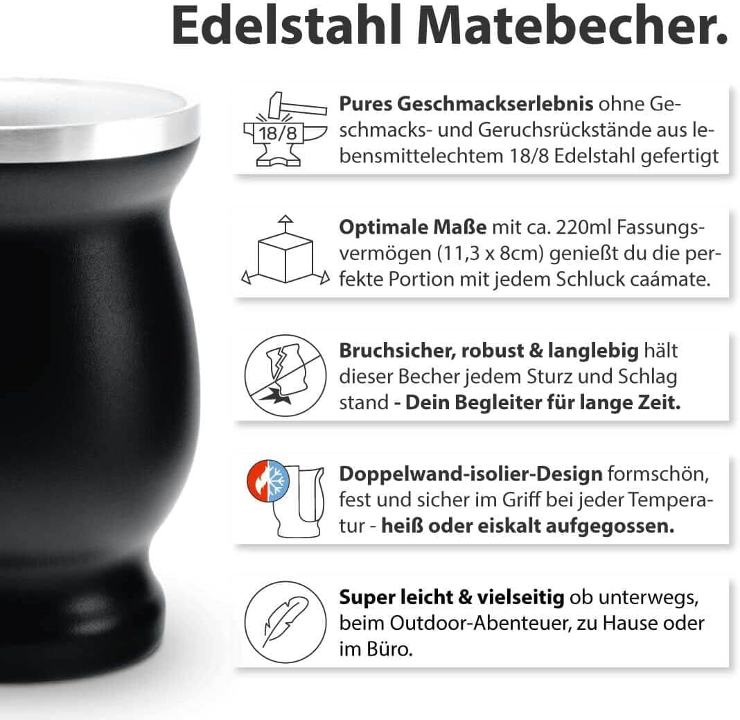 Mate Bio-Teeset ● 3 Mate-Sortimente + 2 doppelwandige Mate-Becher aus Edelstahl + 2 Bombillas + Zubereitungsanleitung (Schwarz)