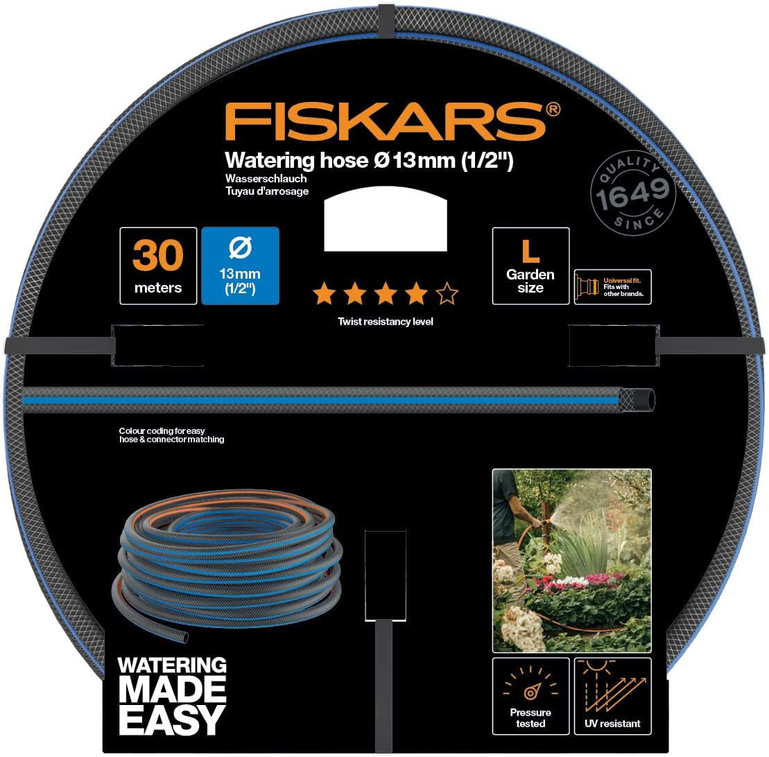 Fiskars L Wasserschlauch, UV-Schutz, druckgeprüft, Torsionssteifigkeit Level 4 (von 5), 30 m, Ø 1,3 cm (1/2"), 4,2 kg, Schwarz/Orange/Blau, 1027105