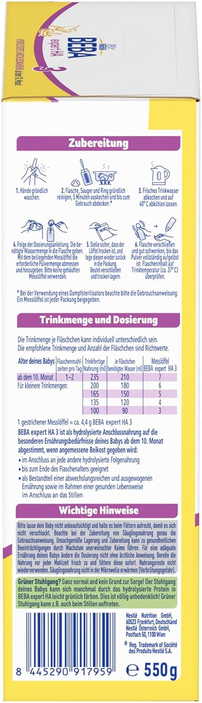 BEBA expert HA 3 Hydrolysierte Fortsetzungsformel, ab 10 Monaten, 1 Packung (1 x 550 g)