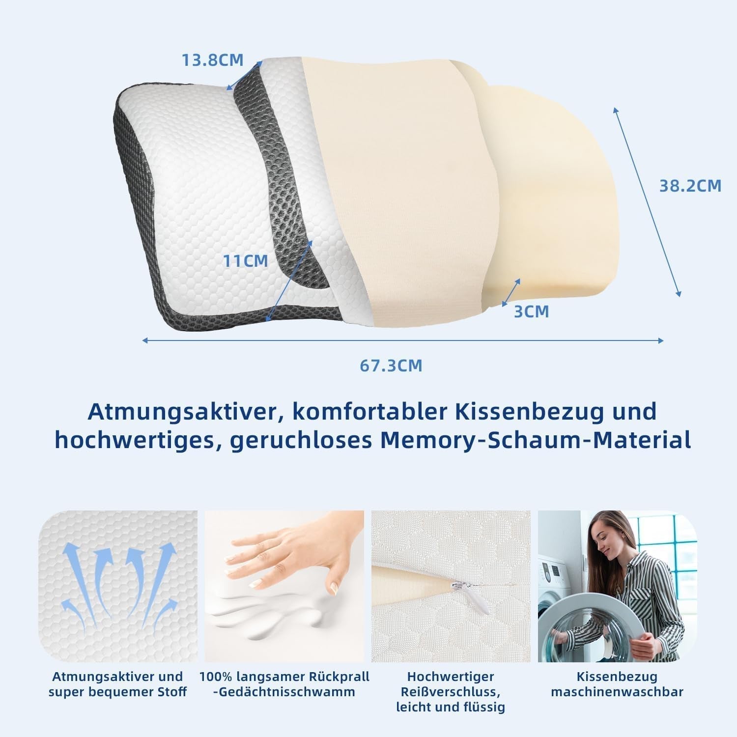 Orthopädisches Kissen, ergonomisches Nackenkissen, Kopfkissen, Original-Memory-Schaum-Kissen für Seiten, Rücken- und Bauchunterstützung, Nackenstützkissen für Männer, Frauen (67,3 x 38,2 x 13,8/3 cm). Orthopädische Halskissen von Naty Shop