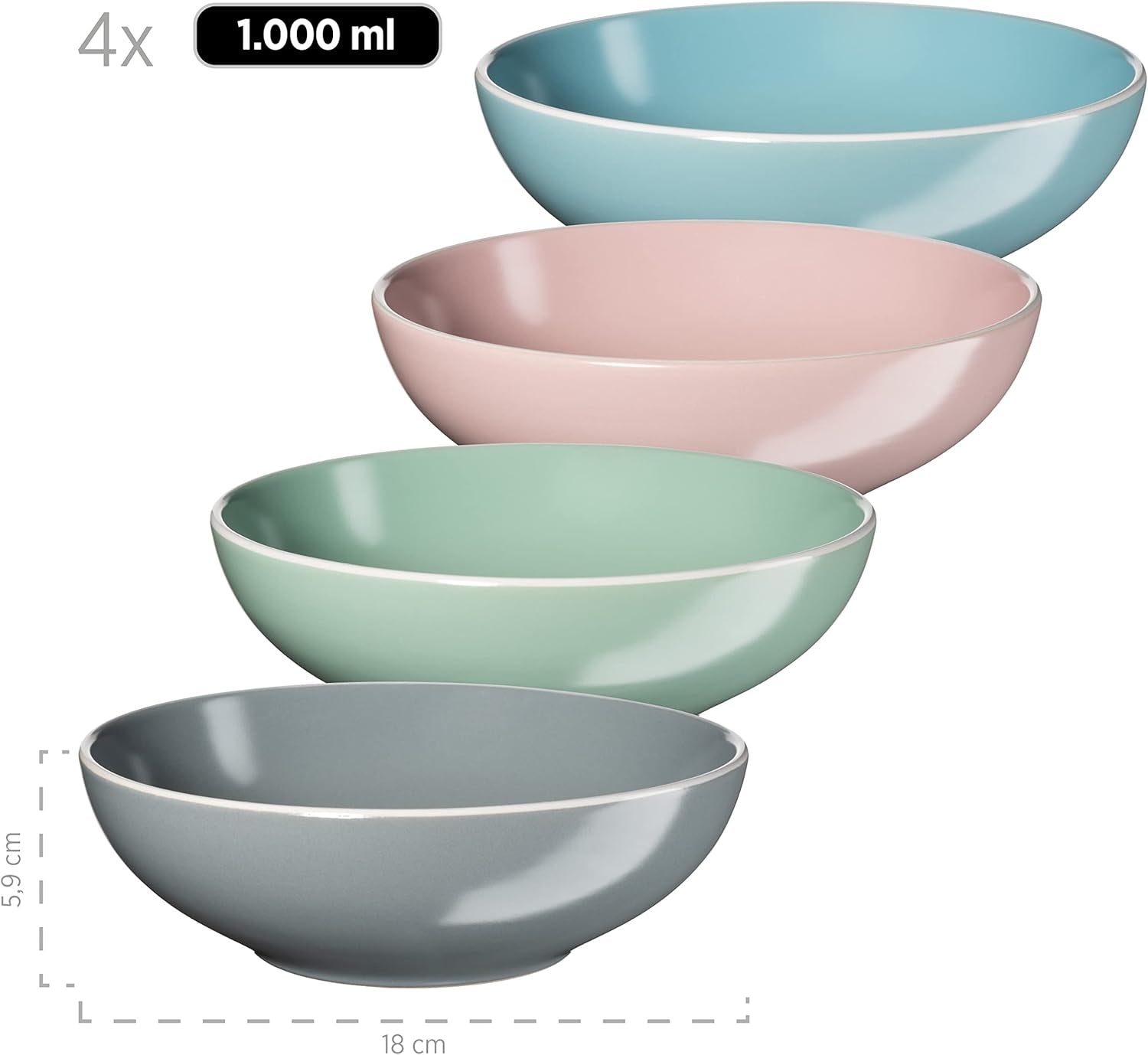 MÄSER 934006 Serie Elissa, modernes Geschirrset für 4 Personen in farbigen matten Glasuren mit weißem Rand, 16-teiliges Kombinationsset, Steinzeug, mehrfarbig, grau, türkis, rosa, grün