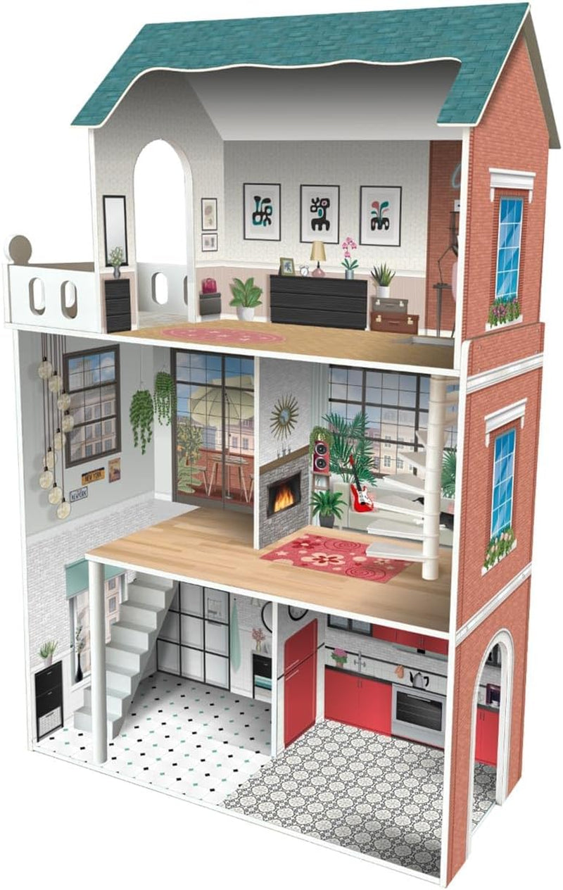 Soho-Madera Design 3-stöckiges Puppenhaus mit 8 Möbelstücken, Maße 120 x 33 x 75 cm (913D00181)