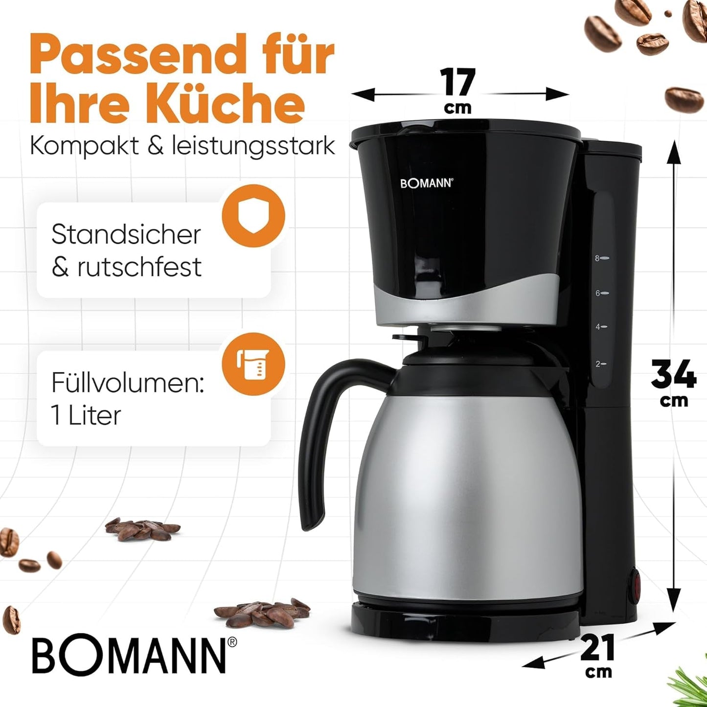 Bomann® Kaffeemaschine mit Thermoskanne | für 8-10 Tassen Kaffee | ohne Temperaturverlust | Kaffeemaschine mit Filter | 1 Liter | Espresso | Filterkaffeemaschine mit Thermoskanne | KA 168 schwarz