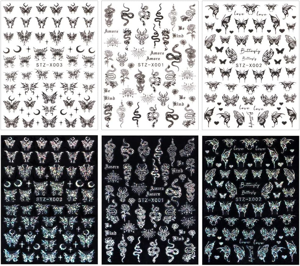 6 Blatt Schmetterling Nagelsticker Selbstklebend Laser Silber Schmetterlings Nagelaufkleber 3D Aurora Silber Schwarz Schmetterlinge Nagel Aufkleber Frühling Nageldesign Nail Sticker Nail Art Zubehör