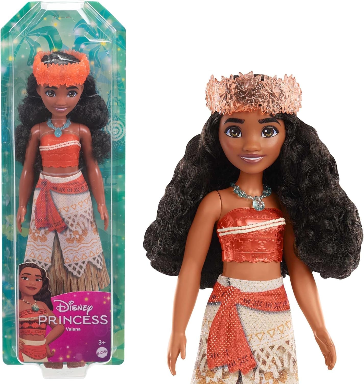 Mattel DISNEY Moana – bewegliche Modepuppe mit Glitzer-Outfit, abnehmbarem Stirnband und Halskette, für Kinder ab 3 Jahren, HPG68
