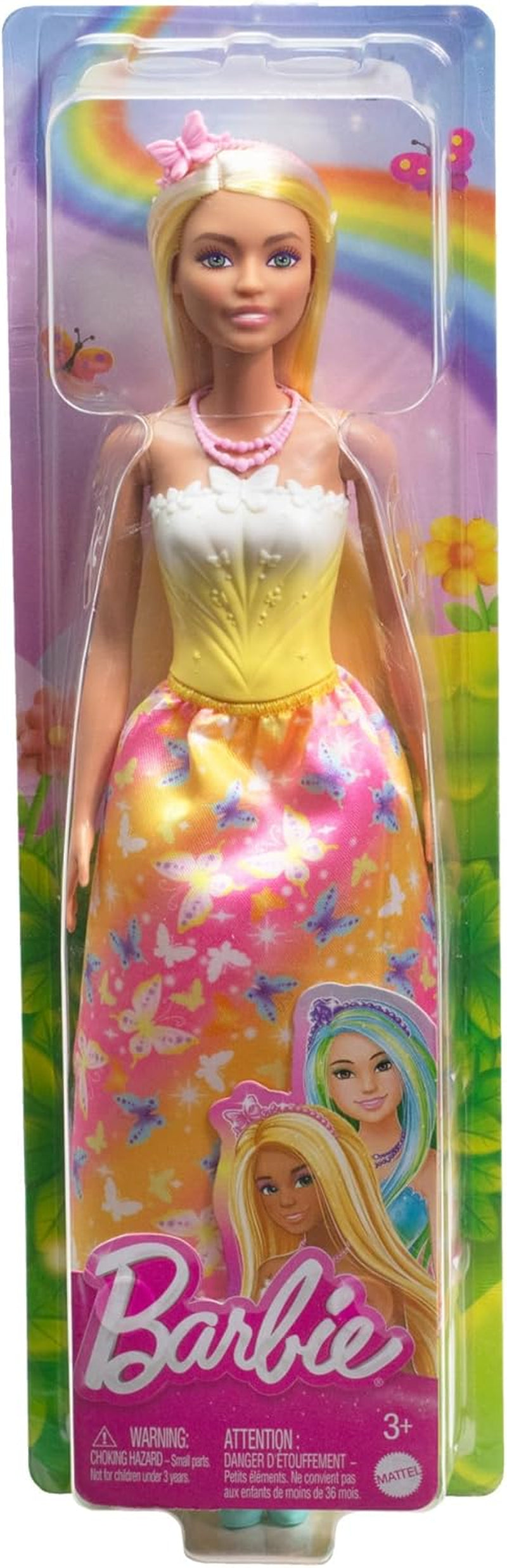 Königliche Barbie-Puppe mit ausgefallenem Haar mit bunten Strähnen, bunten Accessoires, gelbem Oberteil mit Farbverlauf und Schmetterlingsrock, HRR09 Naty Shop Dolls