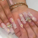 24 Stück lange Nägel zum Aufdrücken, Sarg, künstliche Nägel, Schmetterlingsblume, selbstklebende Nägel, weiß, braun, Acryl-Nagelset, Nagelspitzen, Damen, Frühling, Sommer, Nagelzubehör