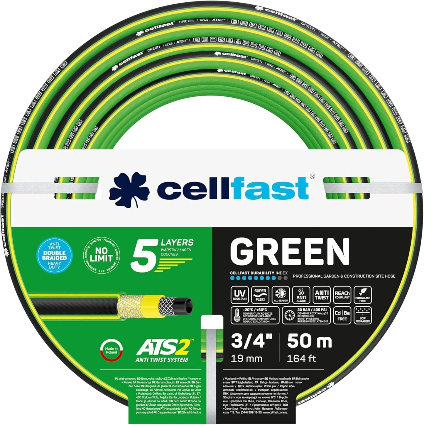 CELLFAST Gartenschlauch, 5-lagiger Wasserschlauch, doppelt geflochten, grenzüberschreitender Bewässerungsschlauch, UV-beständig, Anti-Algen, flexibel, 30 bar, 3,4 Zoll, 50 Meter, Grün