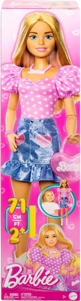 Modische Barbie-Puppe, 71 cm, blond, mit abnehmbarer Kleidung, rosa Oberteil, Jeansrock, Cowboystiefeln, Halskette und Handtasche HYT84