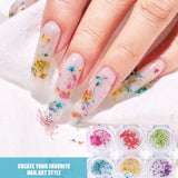 EYVRPAU 6 Stück Nail Art Flowers Set Dekoration, Gelnägel Zubehör 6 Farben, Nail Art Aufkleber Trockene Blumen Kit Getrocknete Blumen Zubehör Set DIY Nageldekoration