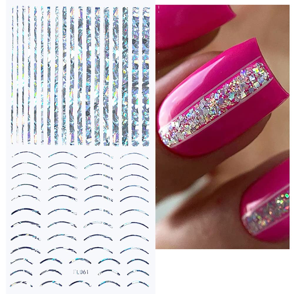 12 Blatt Laser-Glitzerlinien, selbstklebende Nagelaufkleber, holografische Aufkleber, bronzefarbene Streifen, Nagelaufkleber, französische Linie, gebogene Bögen, Wellenlinien, Nagelaufkleber, Nagelkunst-Zubehör