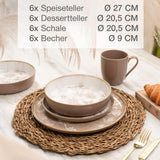 Moritz & Moritz MARIELLA 24-teiliges Steingut-Geschirrset für 6 Personen – Modernes beigefarbenes Geschirr mit verspieltem Design, pflegeleichtes Kaffeeservice mit Tellern, Schüsseln und Tassen – Kombinationsset
