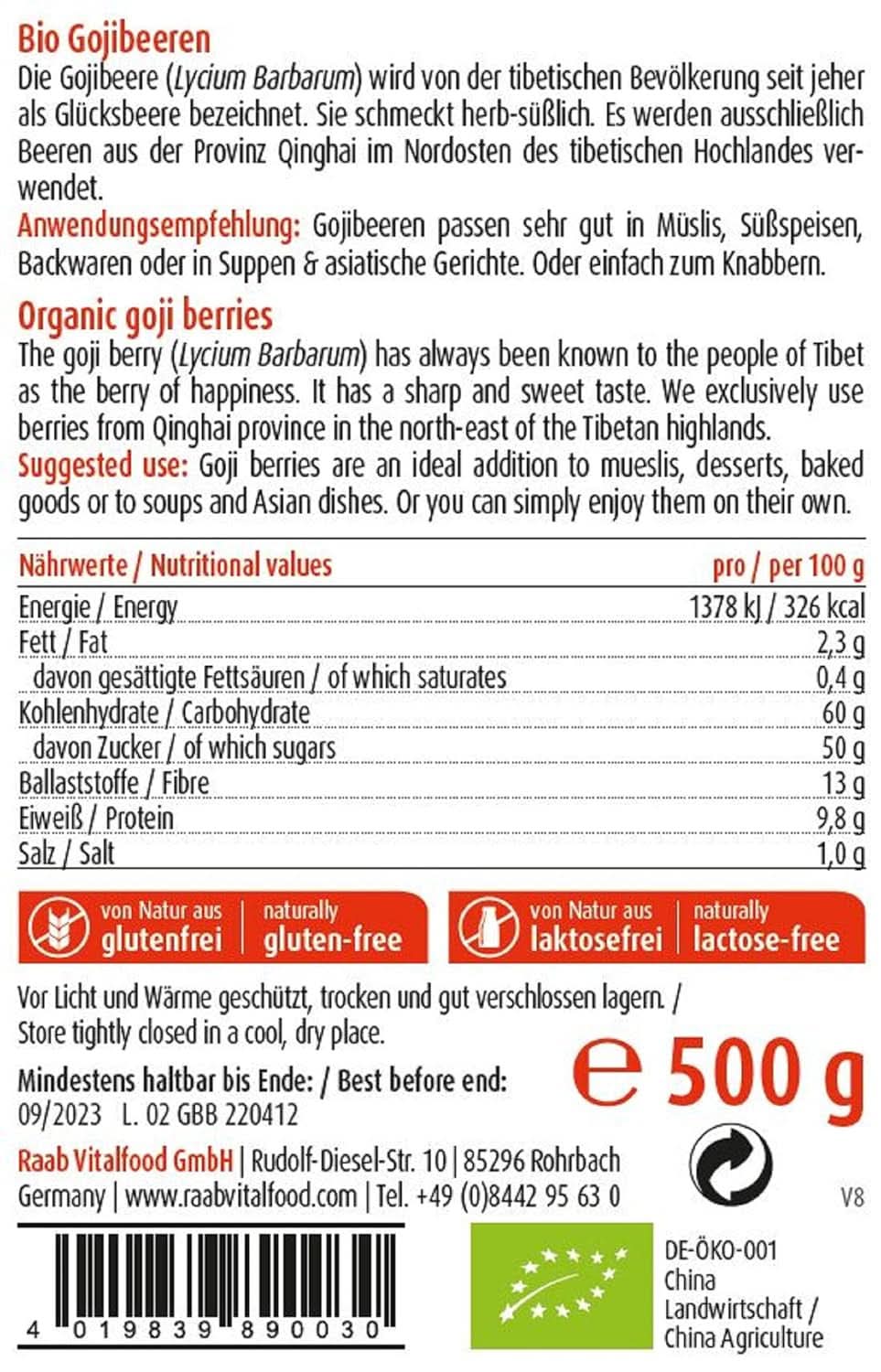 Raab Vitalfood Bio-Goji-Beeren, Premiumqualität, 500 Gramm Naty Shop dehydrierte Produkte