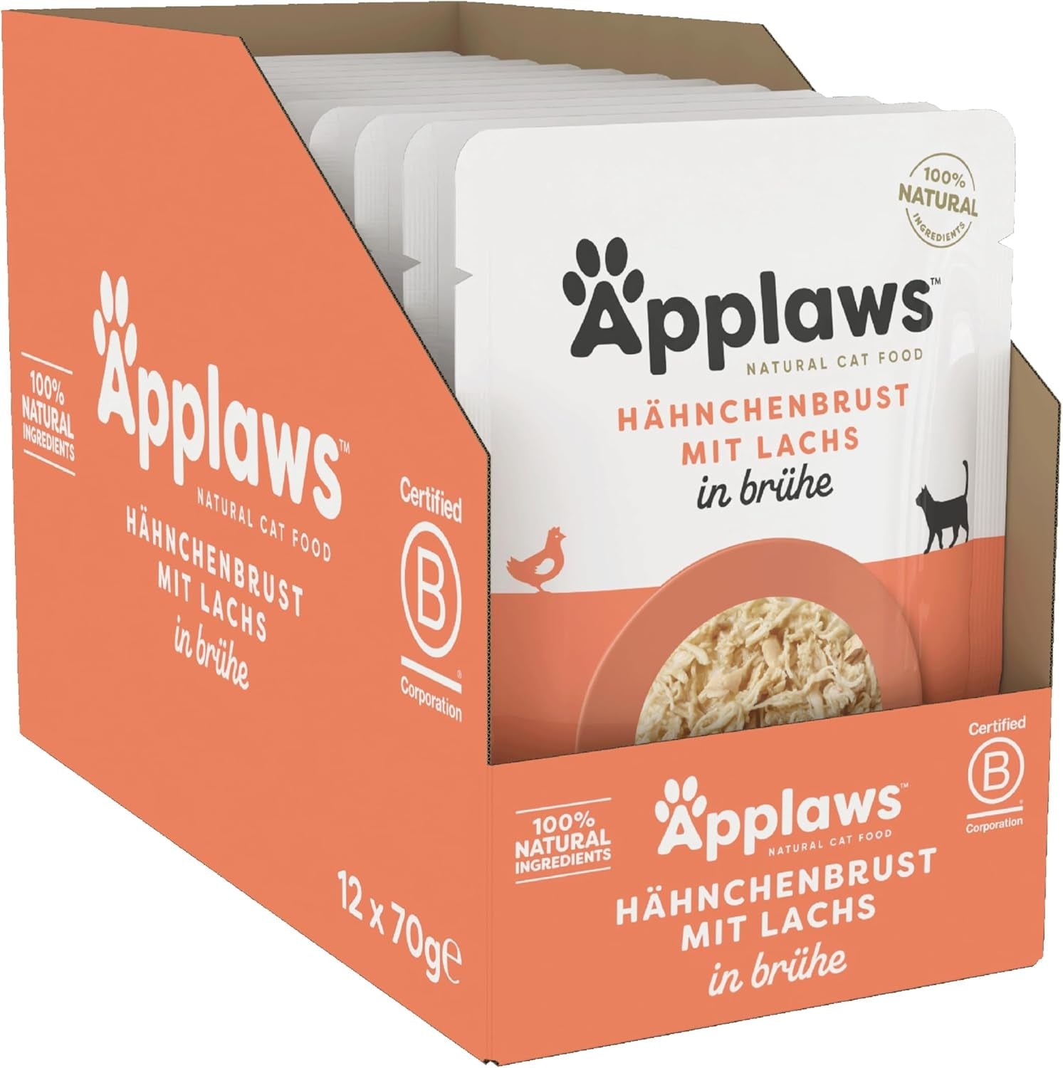 Applaws 100 % natürliches Nassfutter für Katzen, Hähnchenbrust mit Lachs in Brühe – Packung mit 12 70-g-Beuteln