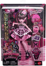 Gruselige und süße Monster High-Geburtstagspuppe Draculaura in einem rosa Partykleid mit thematischen Accessoires wie Einladung, Ballon, Geschenk, Fans und mehr, JBG74