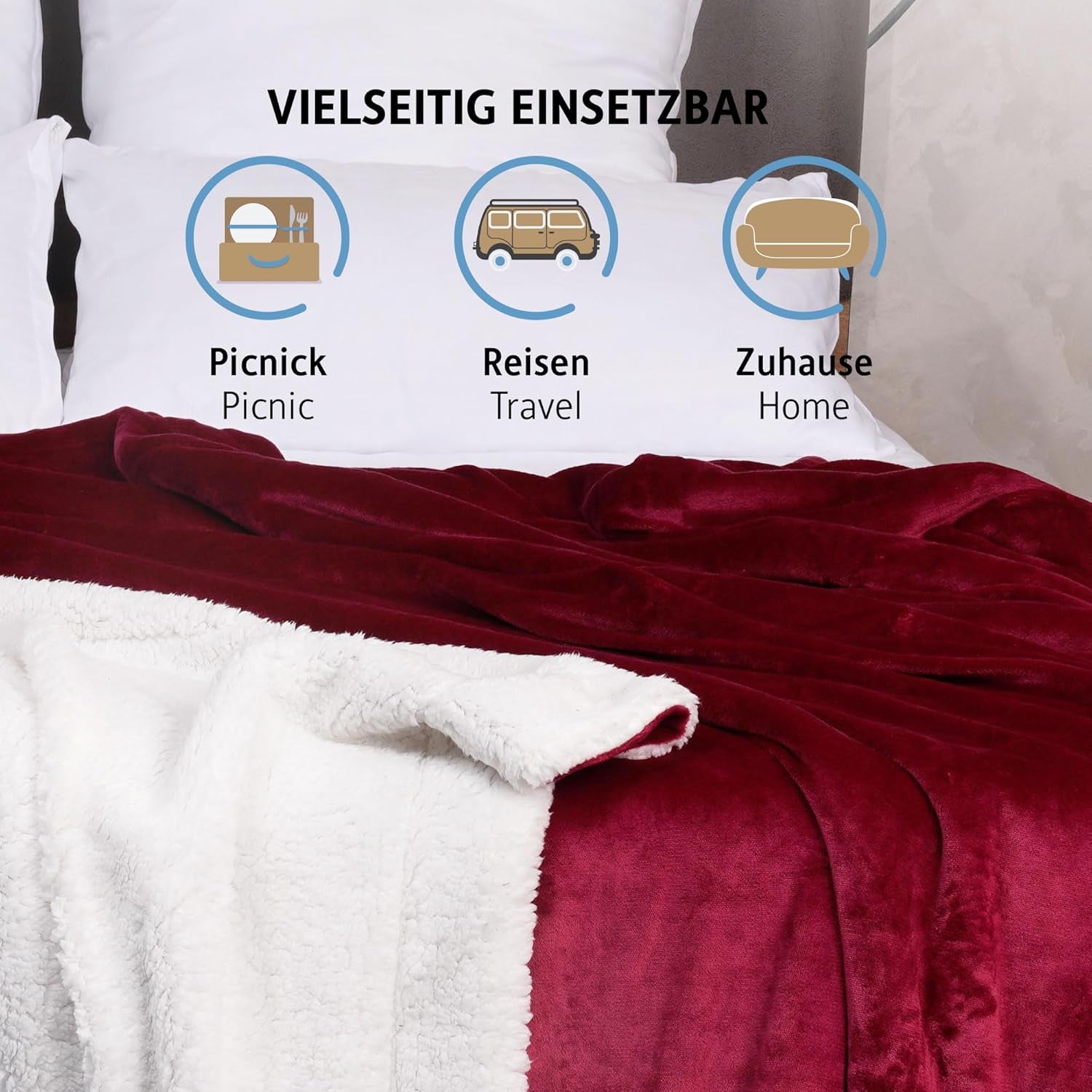 Komfortec-Kuscheldecke 150 x 200 cm, Öko-Tex-zertifizierte flauschige Fleecedecke, warme Sherpa-Decke für das Sofa, dicke Decke für das Sofa, bordeauxrote Betten und Decken. Besuchen Sie den Komfortec-Store