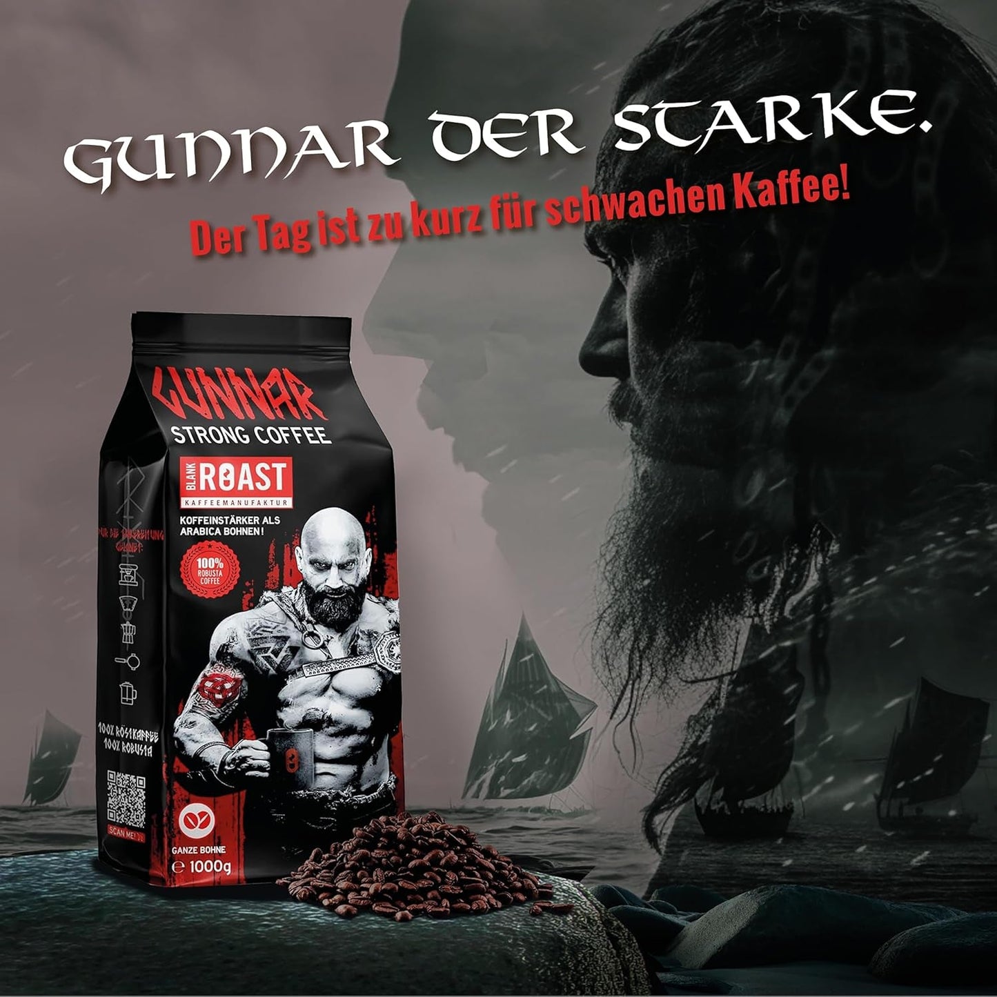 Blank Roast - GUNNAR - 1kg - Whole Kaffee-Bohnen Extra Strong - Kräftige Robusta-Röstung - 494mg Kaffein je Tasse - Würzig & Kraftvoll mit Noten von dunkler Schokolade - Säurearm