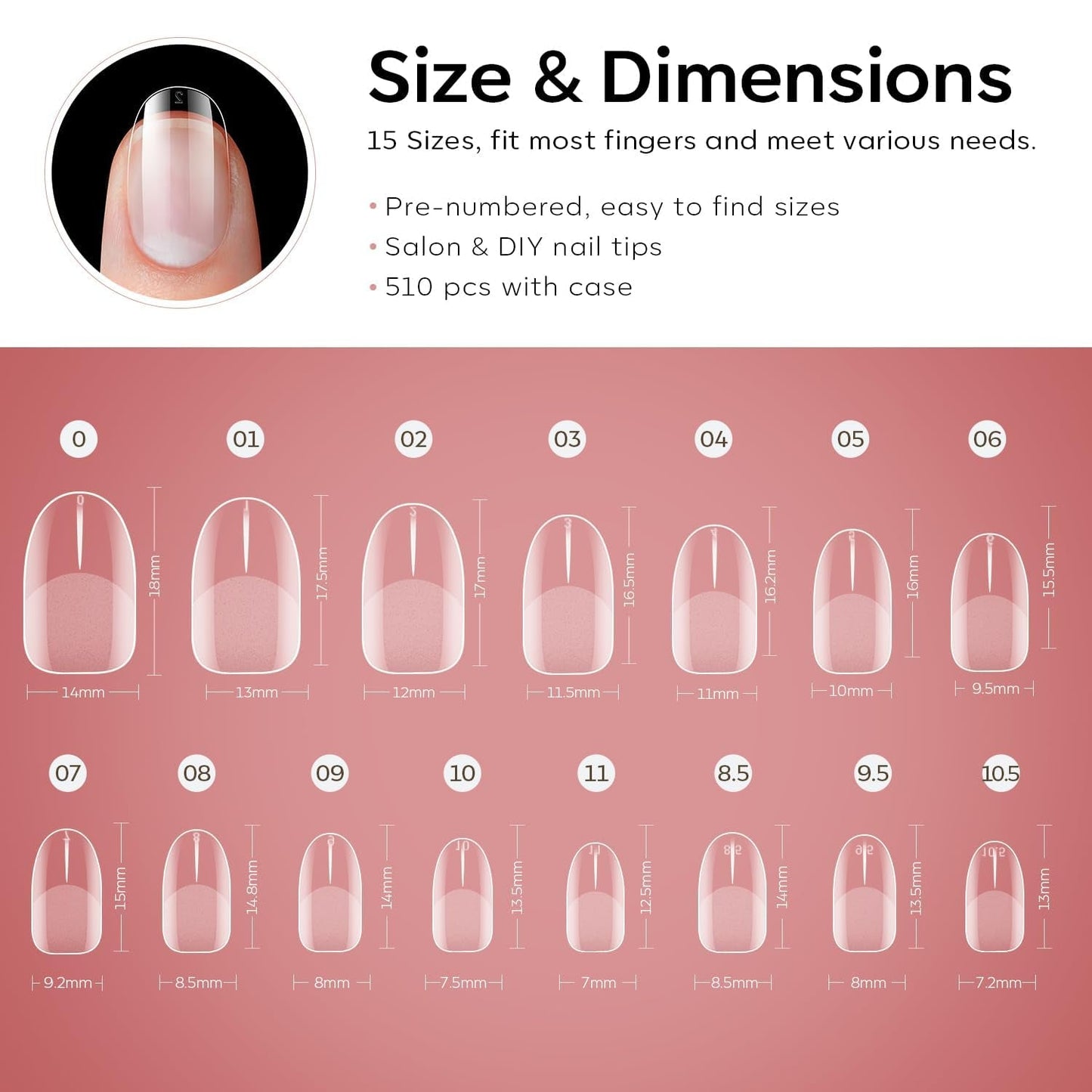 Modelones Nagelspitzen 510 Stück – Full-Cover-Nagelspitzen-Set, Gel-Spitzen-Set, vorpolierte PMMA-Harz-Nagelspitzen, künstliche Nägel zum Aufkleben von Nagelkunst-DIY, kurzes Squoval